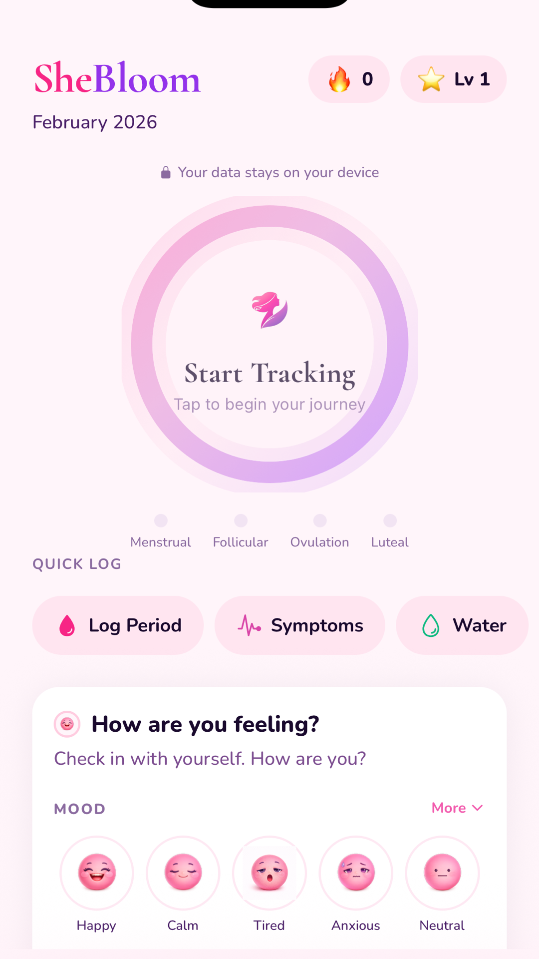 SheBloom app home screen showing cycle tracking