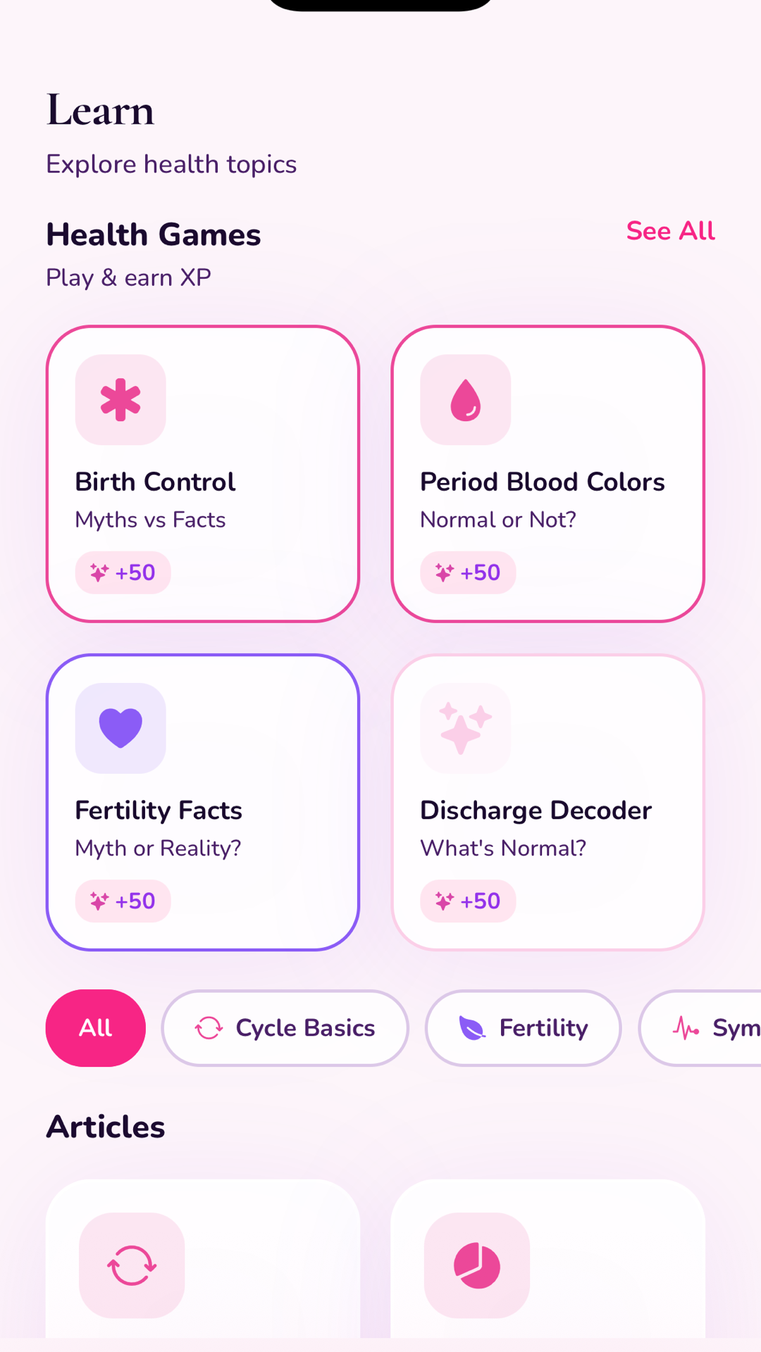 SheBloom learn screen with health articles and quizzes