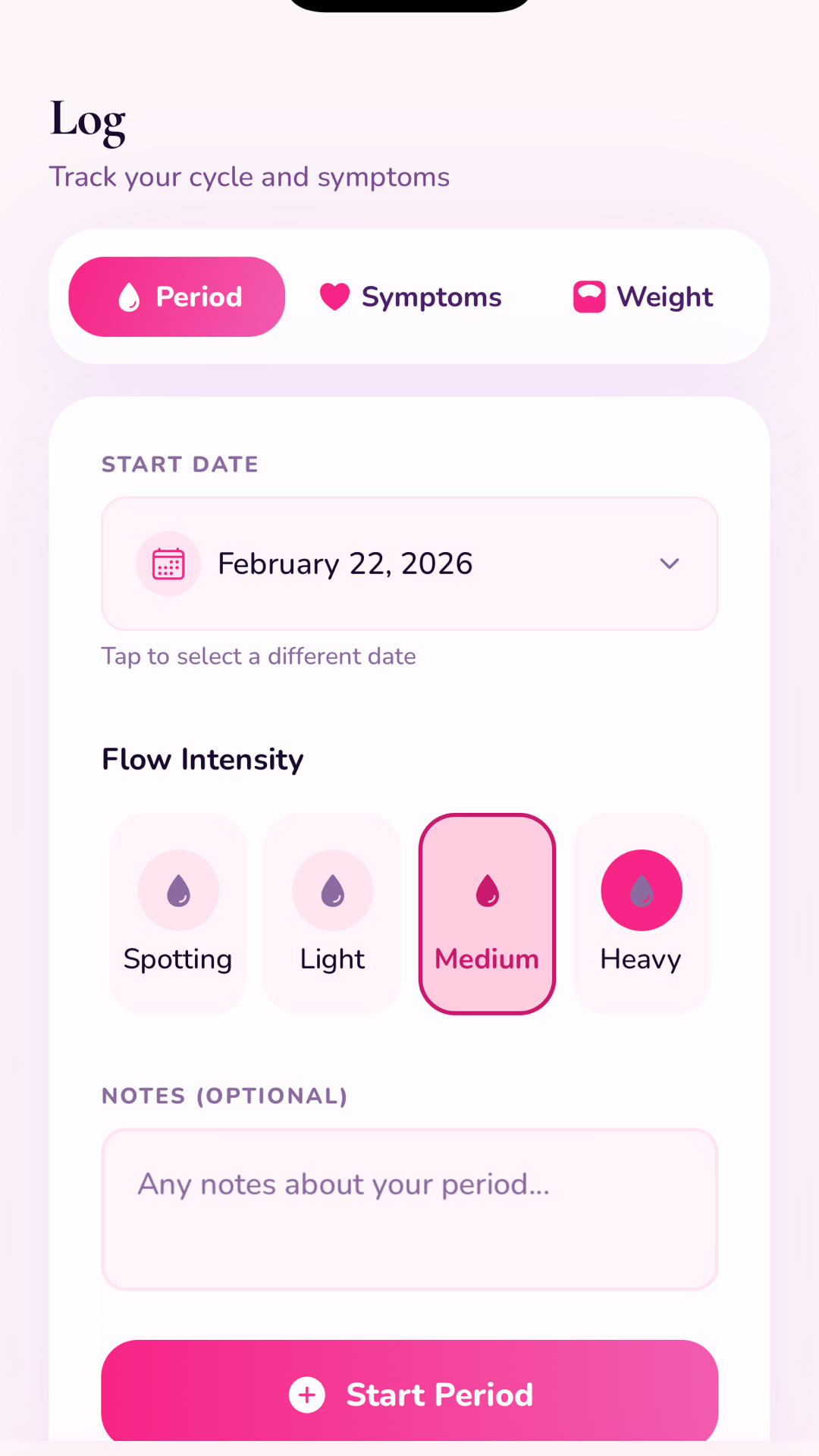 SheBloom daily log screen for symptoms, mood, and wellness